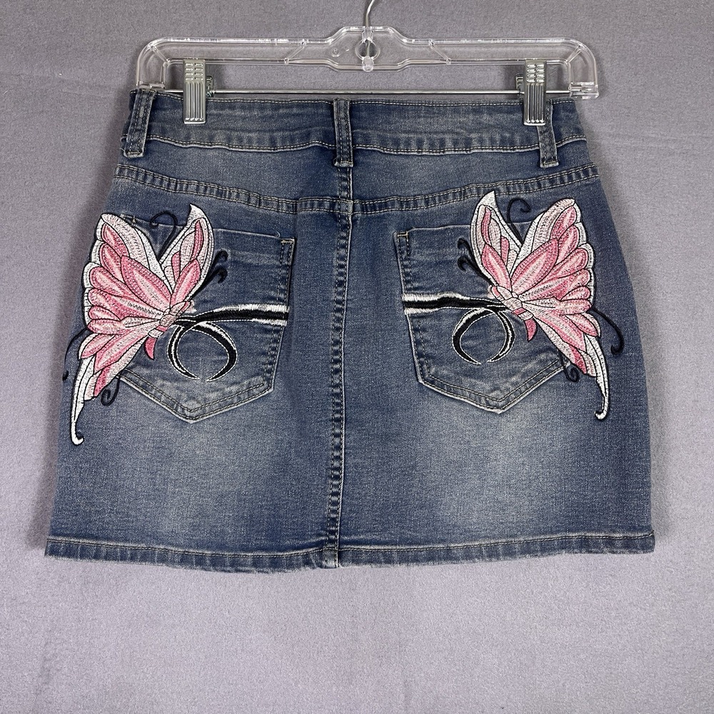 ROMWE Mini Skirt Womens Medium Blue Embroidered Butterfly Y2K Denim Short